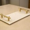White Natural Marble Serving Tray W/Gold Handles for Vanity Kitchen Bathroom Counter, Coffee Table Tray Stone Organization
