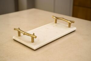 White Natural Marble Serving Tray W/Gold Handles for Vanity Kitchen Bathroom Counter, Coffee Table Tray Stone Organization