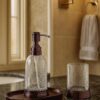 Export Quality 'Crackle Glass W/Metal 'Soap or Lotion Dispenser' Accessory Holder W/Wooden Tray' Designed