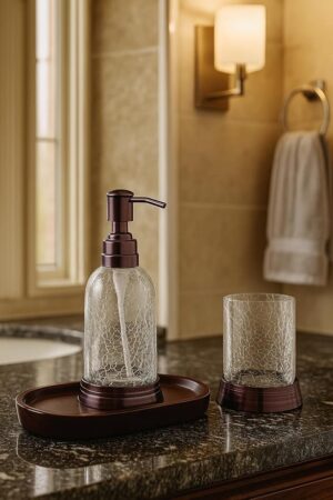 Export Quality 'Crackle Glass W/Metal 'Soap or Lotion Dispenser' Accessory Holder W/Wooden Tray' Designed