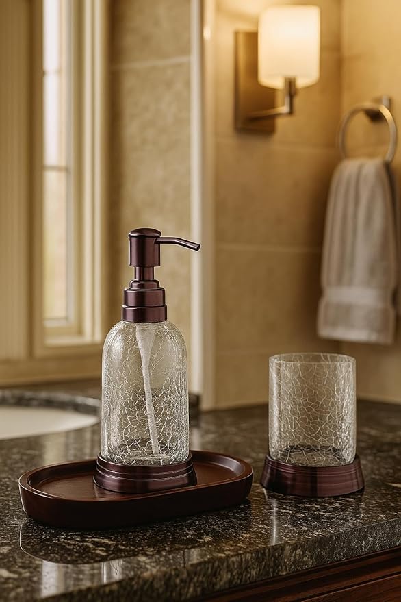 Export Quality 'Crackle Glass W/Metal 'Soap or Lotion Dispenser' Accessory Holder W/Wooden Tray' Designed