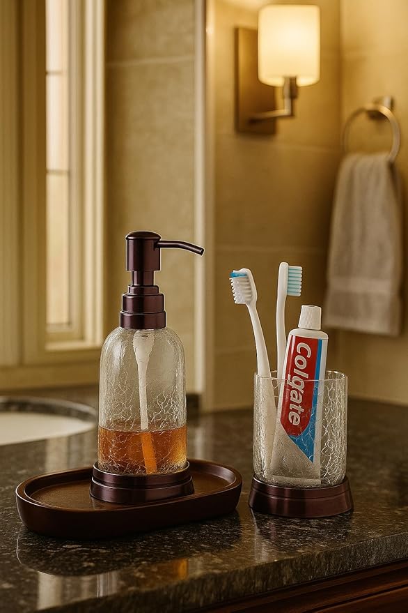 Export Quality 'Crackle Glass W/Metal 'Soap or Lotion Dispenser' Accessory Holder W/Wooden Tray' Designed