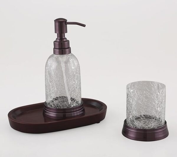 Export Quality 'Crackle Glass W/Metal 'Soap or Lotion Dispenser' Accessory Holder W/Wooden Tray' Designed