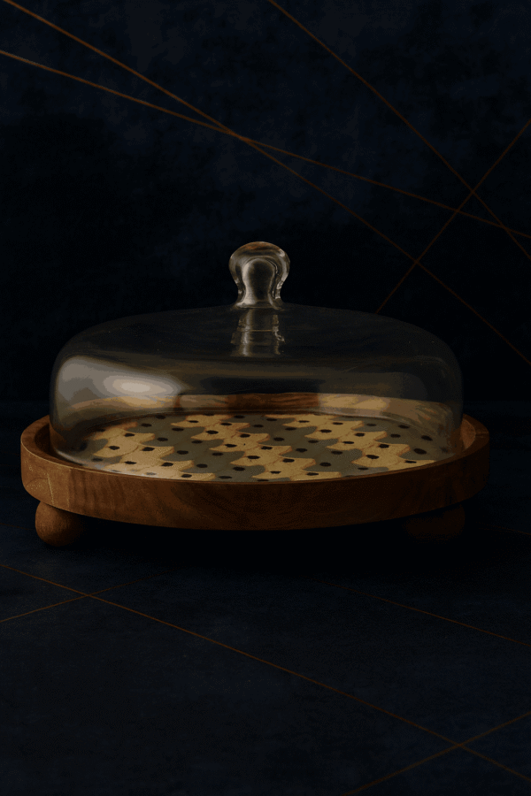 Wooden Cake Stand with Glass Dome