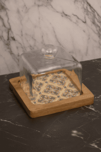 Square Glass Cake Stand with Wooden Base