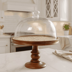 Glass Dome Cake Stand with Wooden Base