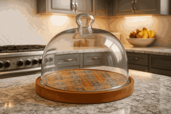 Round Wooden Cake Stand with Glass Dome