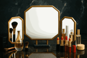 Gold Trim Tri-Fold Vanity Mirror