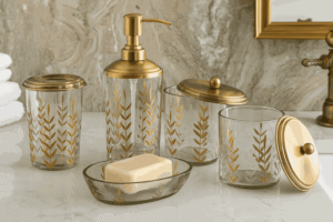 Gold Motif Glass Bathroom Accessories Set
