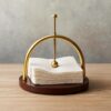 Golden Arch Tissue Holder with Premium Wooden Base Stand for Dining Room Dining Table Indoor Gold (20L x 20W x 18H Cm) Shape - (Round)