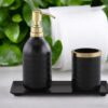 Regal Matte Black & Gold Dispenser Set W/Cut Glass Soap Dispenser,Toothbrush Holder & Metal Steel Tray (26L x 11W x 22H)