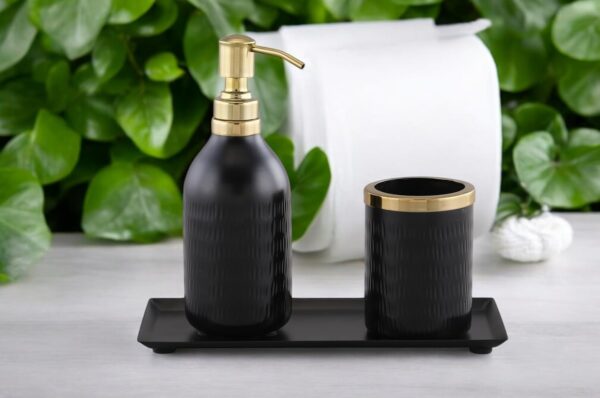 Regal Matte Black & Gold Dispenser Set W/Cut Glass Soap Dispenser,Toothbrush Holder & Metal Steel Tray (26L x 11W x 22H)