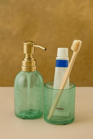 Crackled Glass Soap Dispenser and Tumbler Set