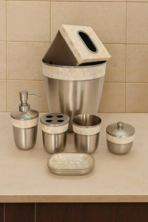 Elegant Silver & Pearl Inlay Bathroom Accessory Set – 6 Piece Premium Collection