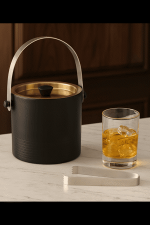 Premium Black & Gold Ice Bucket with Lid, Handle & Tongs