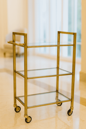 Luxury Gold Bar Trolley with Glass Shelves & Rolling Wheels