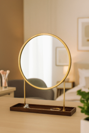 Golden Halo Luxe Vanity Mirror with Elegant Wooden Base
