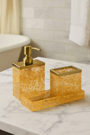 3 Piece Resin Gold Foil Bathroom Accessory Set with Dispenser, Tumbler & Tray | Size - (24 x 8 x 15)| Centimeters