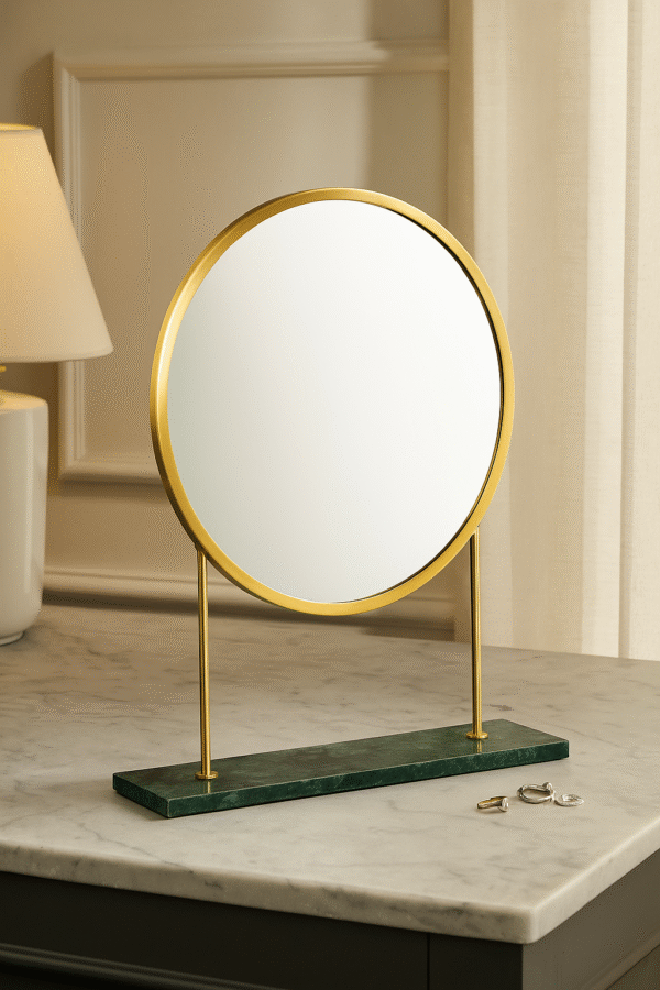 “Emerald Elegance Round Vanity Mirror with Golden Frame & Marble Base”