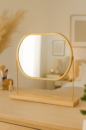 “Golden Horizon Oval Vanity Mirror with Natural Wood Base”