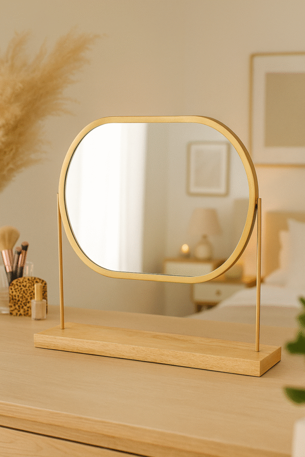 “Golden Horizon Oval Vanity Mirror with Natural Wood Base”