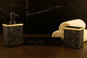 Resin Gold & Black Foil Bathroom Accessory Set of 3, Soap Dispenser, Tumbler & Tray (Square Shape) Size - (24 x 8 x 15) Cm