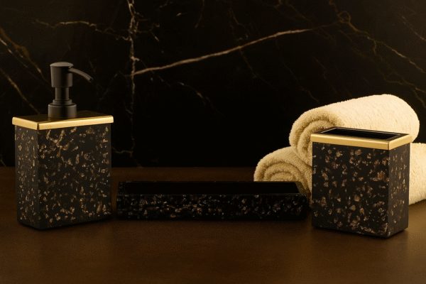 Resin Gold & Black Foil Bathroom Accessory Set of 3, Soap Dispenser, Tumbler & Tray (Square Shape) Size - (24 x 8 x 15) Cm