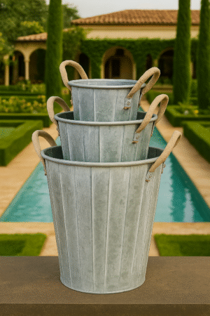 Rustic Galvanized Metal Bucket Planter Set
