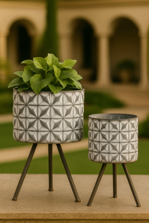 Embossed Metal Planter Set with Tripod Stand