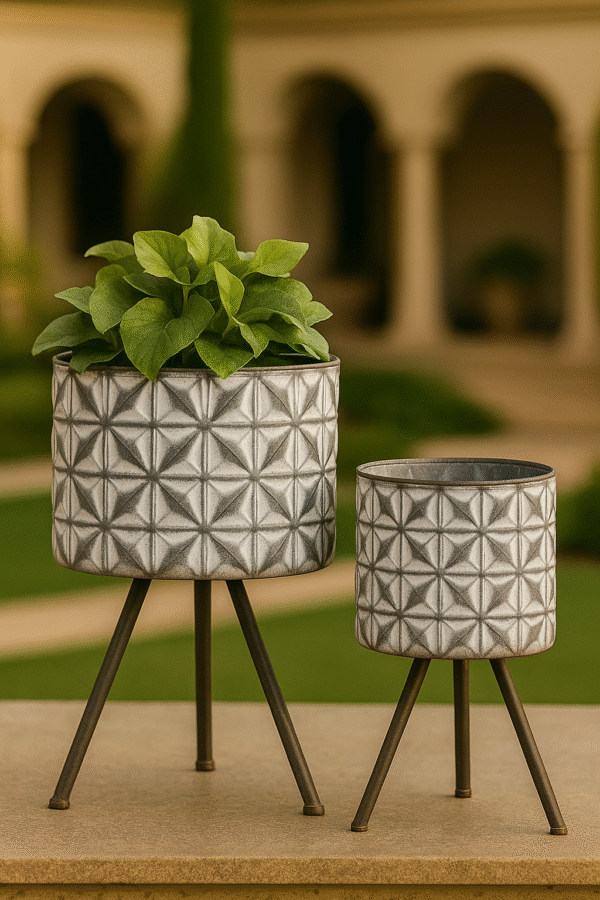 Embossed Metal Planter Set with Tripod Stand