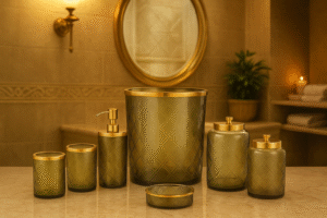 Luxury Glass Bathroom Accessories Set with Gold Accents
