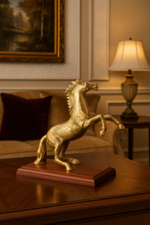 Brass Horse Figurine on Wooden Base