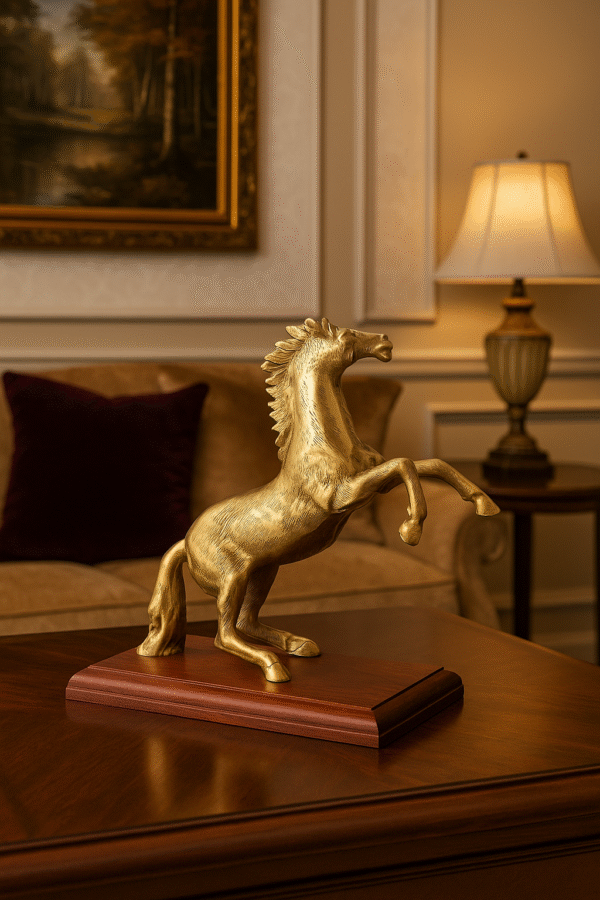 Brass Horse Figurine on Wooden Base