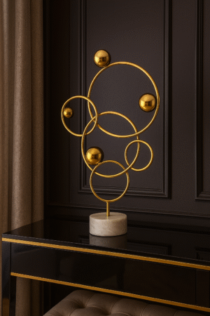 Modern Abstract Golden Circle Sculpture with Marble Base
