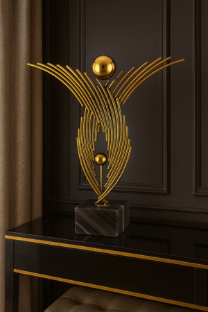 Abstract Modern Gold Metal Sculpture with Marble Base