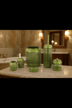 "Luxe Olive Lattice Bathroom Accessory Set – 6 Pcs"