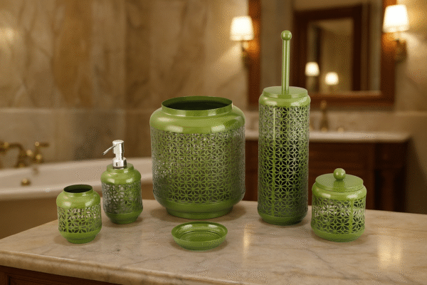 "Luxe Olive Lattice Bathroom Accessory Set – 6 Pcs"