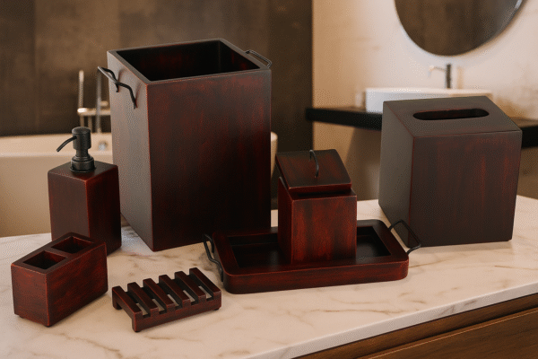 Luxury Wooden Bathroom Accessory Set – 7-Piece (Mahogany Finish)