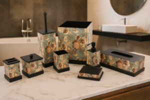 Premium Floral Bathroom Accessory Set – 7-Piece Vintage Peacock & Blossom Design
