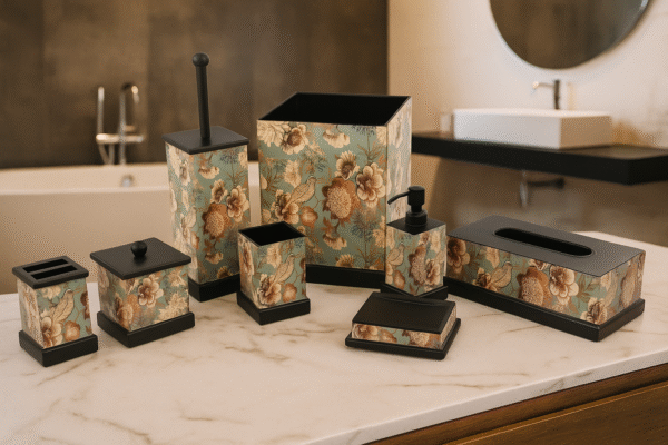 Premium Floral Bathroom Accessory Set – 7-Piece Vintage Peacock & Blossom Design