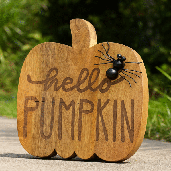 Wooden Pumpkin Shaped "Hello Pumpkin" Fall Décor with Spider Accent