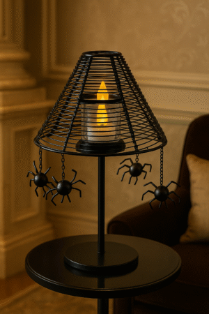 Black Metal Spider Table Lamp – Halloween Decorative Light with Candle Effect