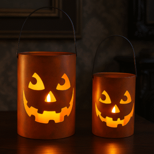 Rustic Metal Jack-O'-Lantern Candle Holders – Halloween Pumpkin Lantern Set of 2