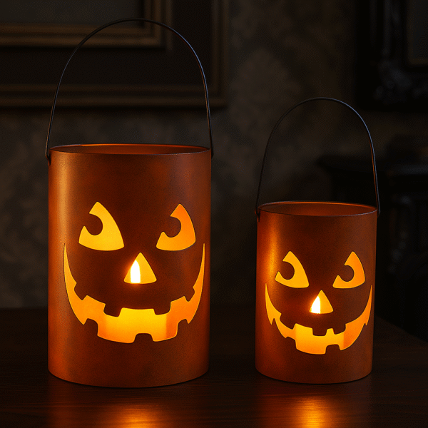 Rustic Metal Jack-O'-Lantern Candle Holders – Halloween Pumpkin Lantern Set of 2