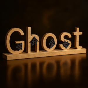 Wooden "Ghost" Decorative Sign with Spider Web Accents – Halloween Tabletop Décor