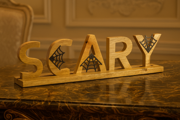 Wooden "SCARY" Halloween Tabletop Décor with Spider Web Design