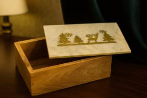 Wooden Storage Box with Marble Lid – Christmas Tree & Reindeer Design