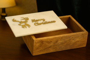 Wooden Storage Box with Marble Lid – Merry Christmas Design