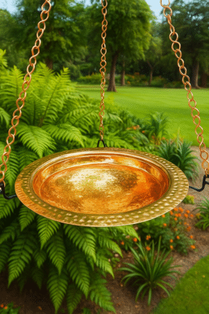 "Handcrafted Hammered Brass Hanging Bird Bath – Luxury Garden Accent Bowl"