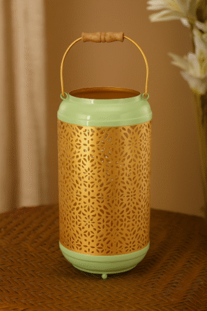 Mint Gold Floral Cut Metal Lantern with Wooden Handle – Elegant Ambient Decor